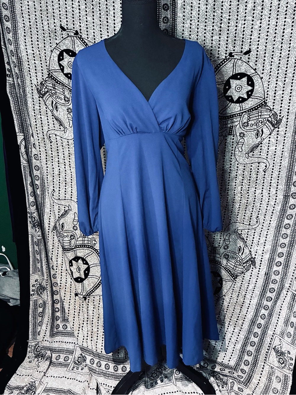 Micheline Pitt For Unique Vintage Dark Blue Long Sleeve 40s Style Dress 12/14